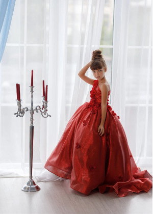 One Shoulder Dark Red 3D Flowers Shiny Organza Flower Girl Dress